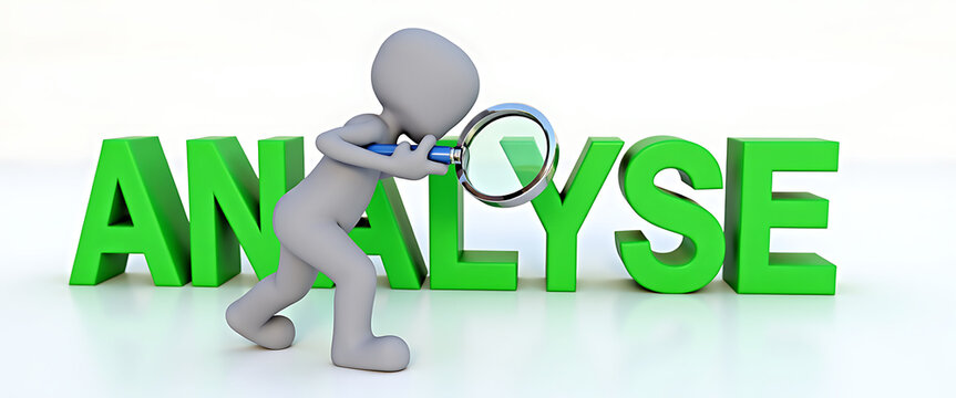 Little grey man with magnifying glass examining giant green letters spelling analyse business concept investigation strategy research search insight audit examination discovery.