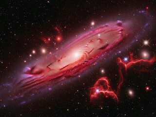 Cosmic spiral galaxy in deep space with star clusters and nebulae