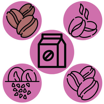 Minimal Coffee Bean, Coffee Pot, and Tea Leaf Icon Set for Beverage Design