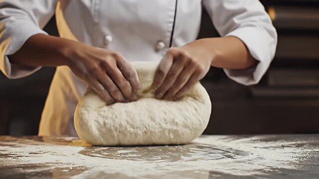 A baker in a white chef's coat kneads a long loaf of light-colored dough on a floured surface