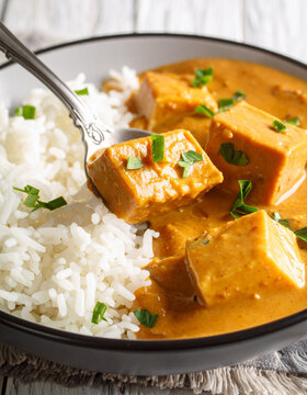 A close-up of "Maff&eacute;," a savory peanut butter stew, served with plain rice.