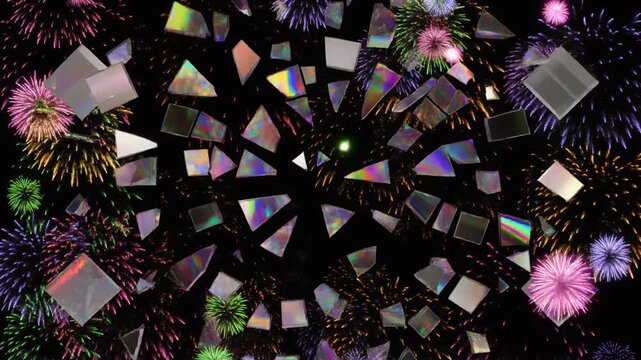 Colorful fireworks exploding with iridescent shattered glass shards on black background