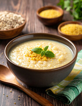 A bowl of "Kusum," fermented millet porridge, a nutritious breakfast item.