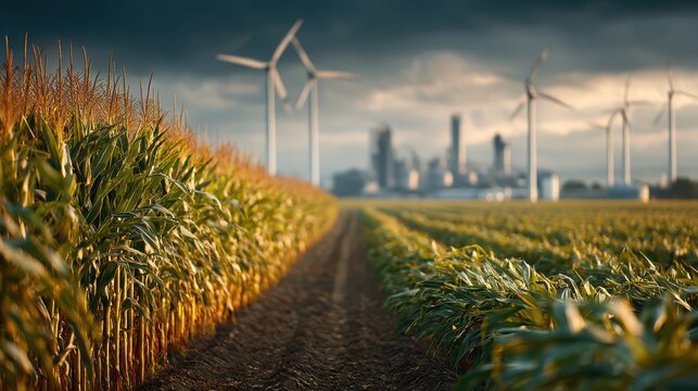 A dirt path runs between tall cornfields under a moody sky with wind turbines and an industrial cityscape in the background.