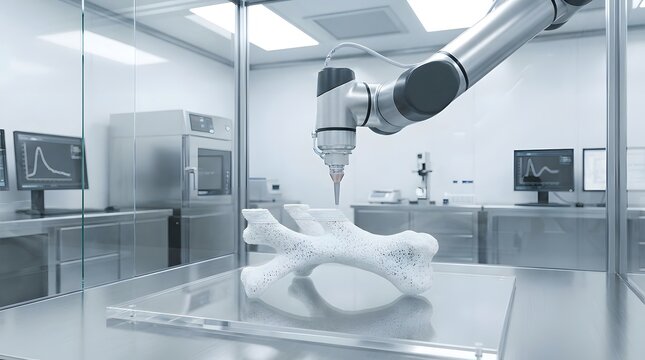 Futuristic robotic arm meticulously constructs a detailed, porous bone replica, showcasing advanced 3D printing for biomedical research and innovation.
