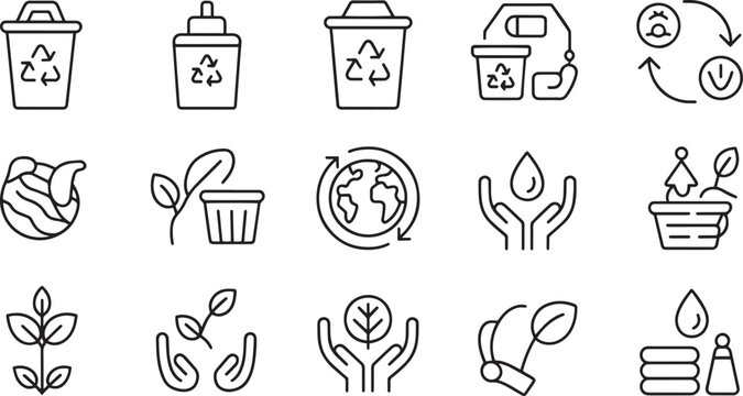 Collection of hand drawn recycling and environmental sustainability icons isolated on transparent background