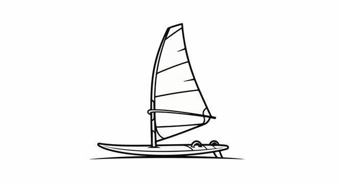 Stylized black and white drawing of a windsurfing board and sail