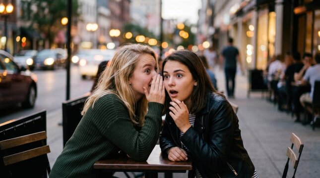 Two young women sharing a surprising secret in an outdoor cafe setting