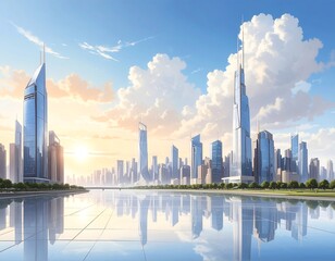 Fototapeta premium A futuristic cityscape at sunset with sleek skyscrapers