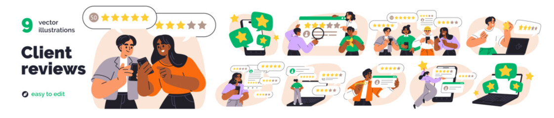 Customer feedback, client review concept set. People rate experience, satisfaction with business, service. Sharing opinion, giving star, ranking. Flat vector illustration isolated on white background