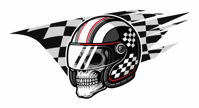 Skull wearing a racing helmet with checkered flag streaks