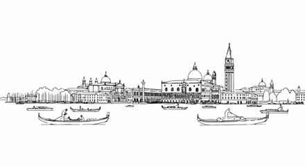 Obraz premium Sketchy line drawing of a famous European city's waterfront with gondolas