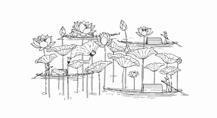 Obraz premium Sketch of people in boats amidst lotus flowers and pads on water