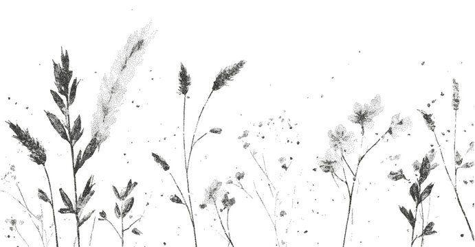 Photocopy flowers horizontal background. Punk dot spring floral poster, cover, card collage design. Vector illustration