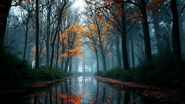Autumn trees with golden foliage are reflected in the mirror surface of a flooded forest path covered with fallen leaves among thick fog