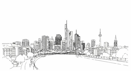 Obraz premium Sketch of a river flowing through a city with tall buildings and a bridge