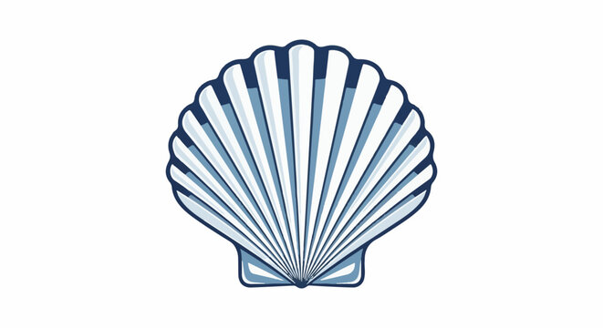 Stylized blue and white scallop shell illustration on a plain background