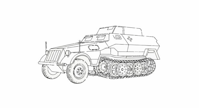 Sketch of a vintage military half-track vehicle with tracks and wheels