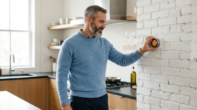 Bearded man in blue sweater adjusting smart thermostat in a modern kitchen
