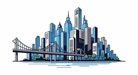 Obraz premium Stylized blue cityscape with a suspension bridge and water elements