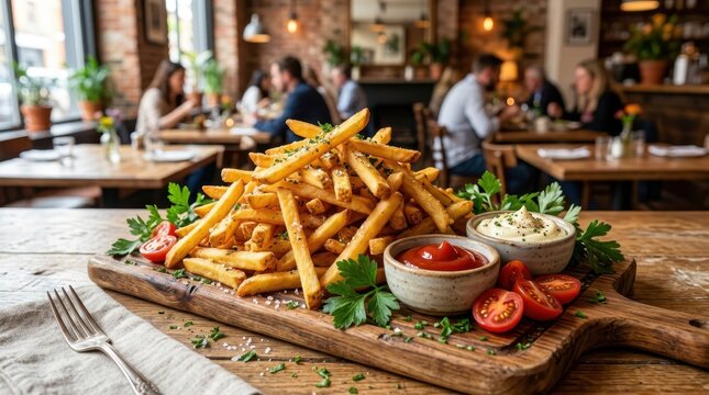 Crispy golden brown French fries overflowing from a wooden board with ketchup and dip at a restaurant