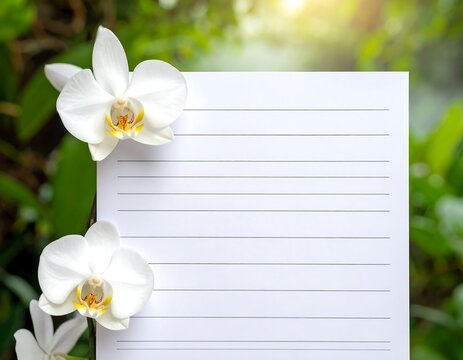 Close-up of lined white paper with two orchids on the side against a blurred green leafy background, bright sunlight