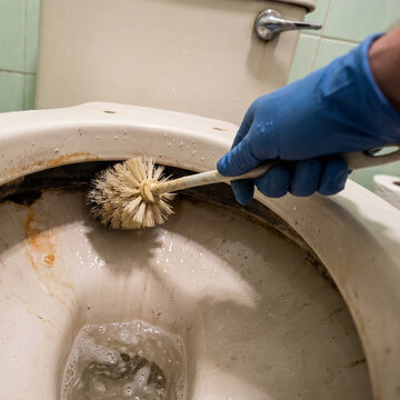 Gros plan &agrave; la premi&egrave;re personne d'une main gant&eacute;e de bleu frottant les rebords d'une cuvette de toilettes sale et entartr&eacute;e avec une brosse