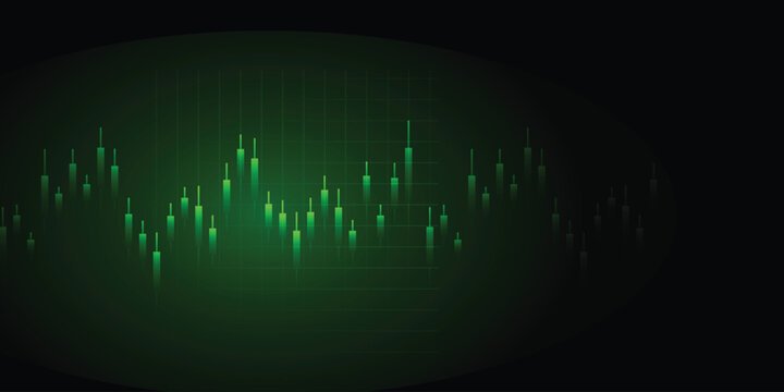 Green Glowing Candlestick Chart in Dark Oval Frame, Financial Data Visualization