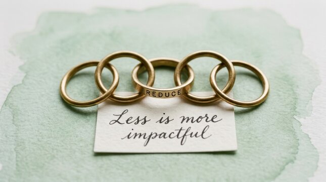 Five polished brass interlocking rings with the word Reduce, alongside a card stating Less is more impactful