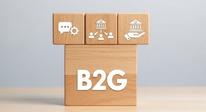 Four light wooden blocks display B2G and various business-to-government icons on a light grey background.