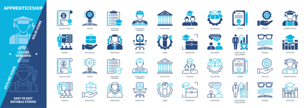 Apprenticeship icon set. Education Program, Theory, Reading, Competence, Institution, Practice, Mentoring, Training. Duotone color solid and editable outline icons