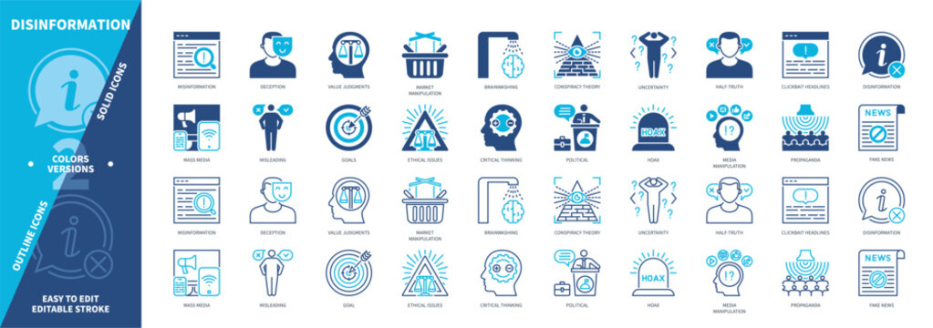 Corruption icon set. Fake News, Deception, Clickbait Headlines, Half-Truth, Media Manipulation, Brainwashing, Goals, Technology. Duotone color solid and editable outline icons