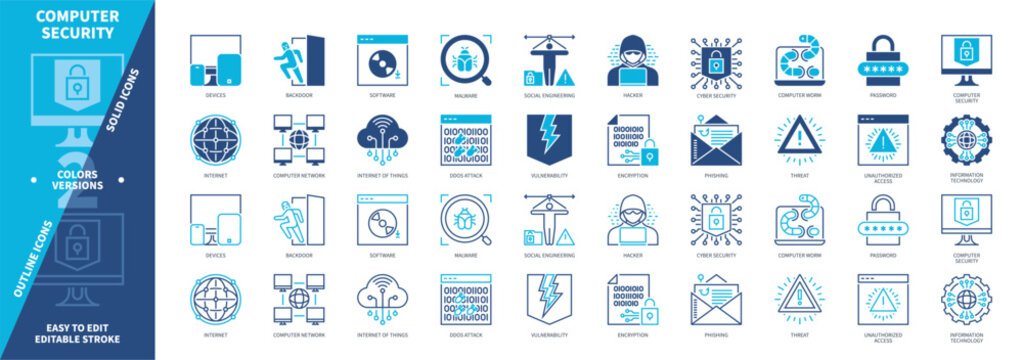 Computer Security icon set. Vulnerability, Malware, Computer Worm, Hacker, Social Engineering, Internet, Encryption, Threat. Duotone color solid and editable outline icons