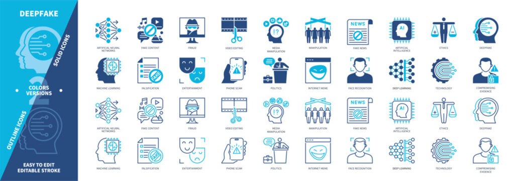Deepfake icon set. Deep Learning, Phone Scam, Editing, Machine Learning, Internet Meme, Fraud, Compromising Evidence, Fake Content. Duotone color solid and editable outline icons