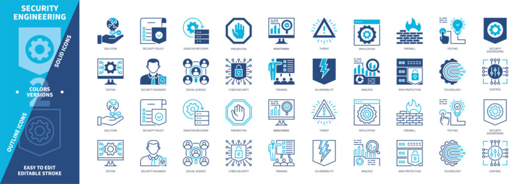 Security Engineering icon set. Testing, Firewall, Monitoring, Disaster Recovery, Training, Data Protection, Analysis, Vulnerability. Duotone color solid and editable outline icons