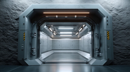 Fototapeta premium futuristic bunker hatch door, solid reinforced structure, industrial sci-fi architecture, heavy steel and concrete materials, secure sealed airlock, soft interior lighting, detaile