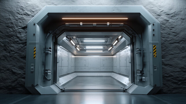 futuristic bunker hatch door, solid reinforced structure, industrial sci-fi architecture, heavy steel and concrete materials, secure sealed airlock, soft interior lighting, detaile