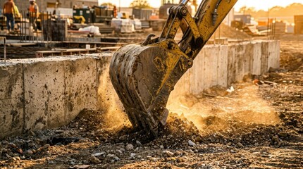 Fototapeta premium Yellow excavator bucket actively digging into dirt at a construction site