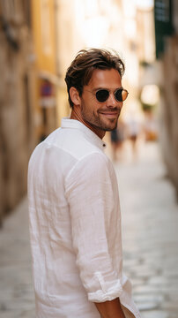 handsome men walking down a narrow European street in a linen shirt and sunglasses, cobblestone floor, vintage warm tones, candid photo while turning back with a subtle smile