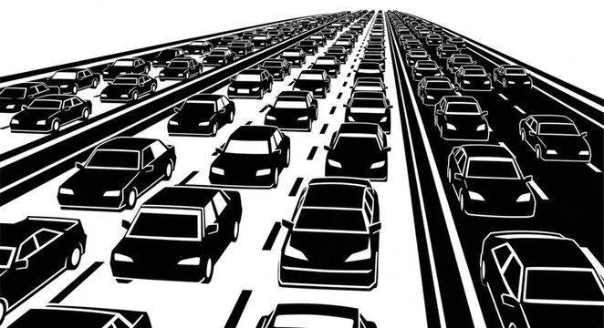 Heavy traffic jam on a multi lane highway with many cars.