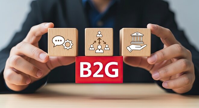 A person in a dark suit holds their hands over a red B2G cube and three wooden blocks with business icons.