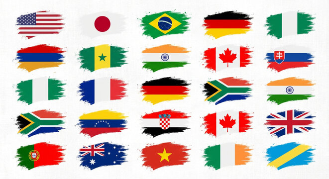 Diverse collection of world flags rendered with vibrant brushstroke textures, representing international unity, global communication, and cultural diversity on a white background