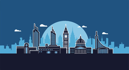 Naklejka premium Stylized cityscape with iconic buildings, modern towers and clouds