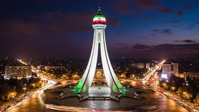 Aerial Blue Hour to Night Transitional Hyperlapse of Azadi Tower in Tehran, Iran &mdash; Cinematic Architectural Landmark Drone Video