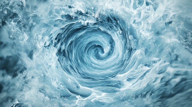 A swirling water vortex creates a mesmerizing spiral of turbulent, icy-blue waves and splashes, showcasing the dynamic power of moving water.