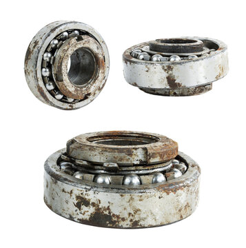 Old rusty ball bearing isolated on white background, industrial metal mechanical component with visible corrosion, wear, grease and detailed steel ball structure.