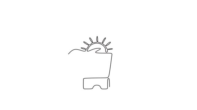 Animated self drawing of continuous line draw of  Sunscreen tube with sun and waves, minimalist line art logo.  Full length one line animation. 4K	