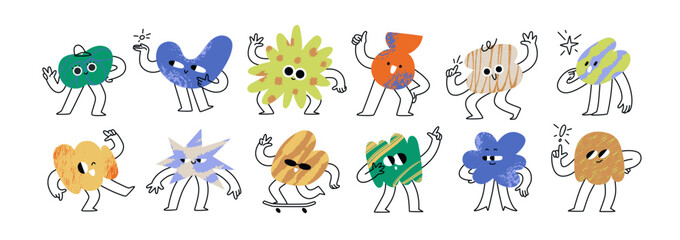 Cute doodle blobs, funky figures characters set. Funny abstract shapes with happy smiling faces, emotions and expressions. Comic emoji in cartoon style. Flat vector illustration on white background © Good Studio