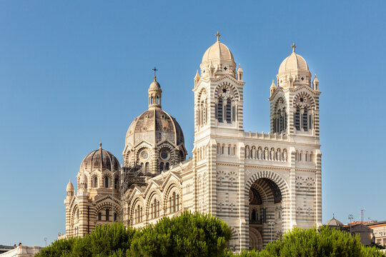 Cathédrale de La Major &agrave; Marseille, vue de trois quart avant en contre-plong&eacute;e, plan rapproch&eacute;, pins verts en premier plan en bas de l'image et grand ciel bleu en arri&egrave;re-plan