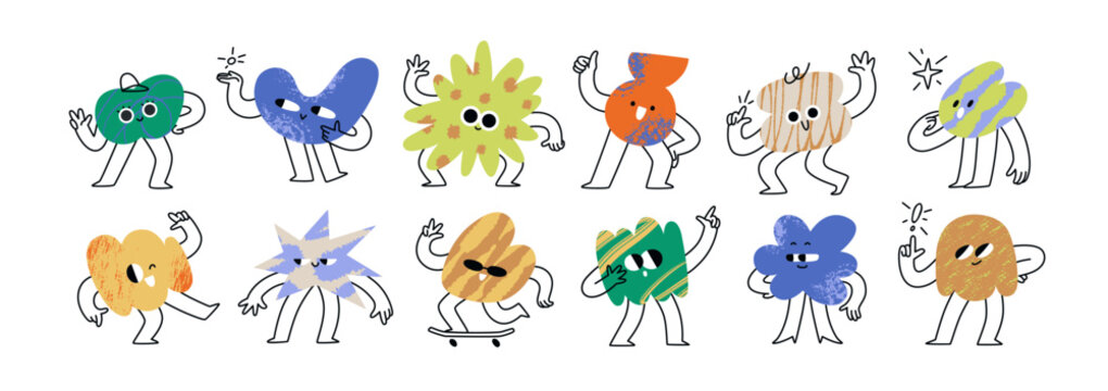 Cute doodle blobs, funky figures characters set. Funny abstract shapes with happy smiling faces, emotions and expressions. Comic emoji in cartoon style. Flat vector illustration on white background